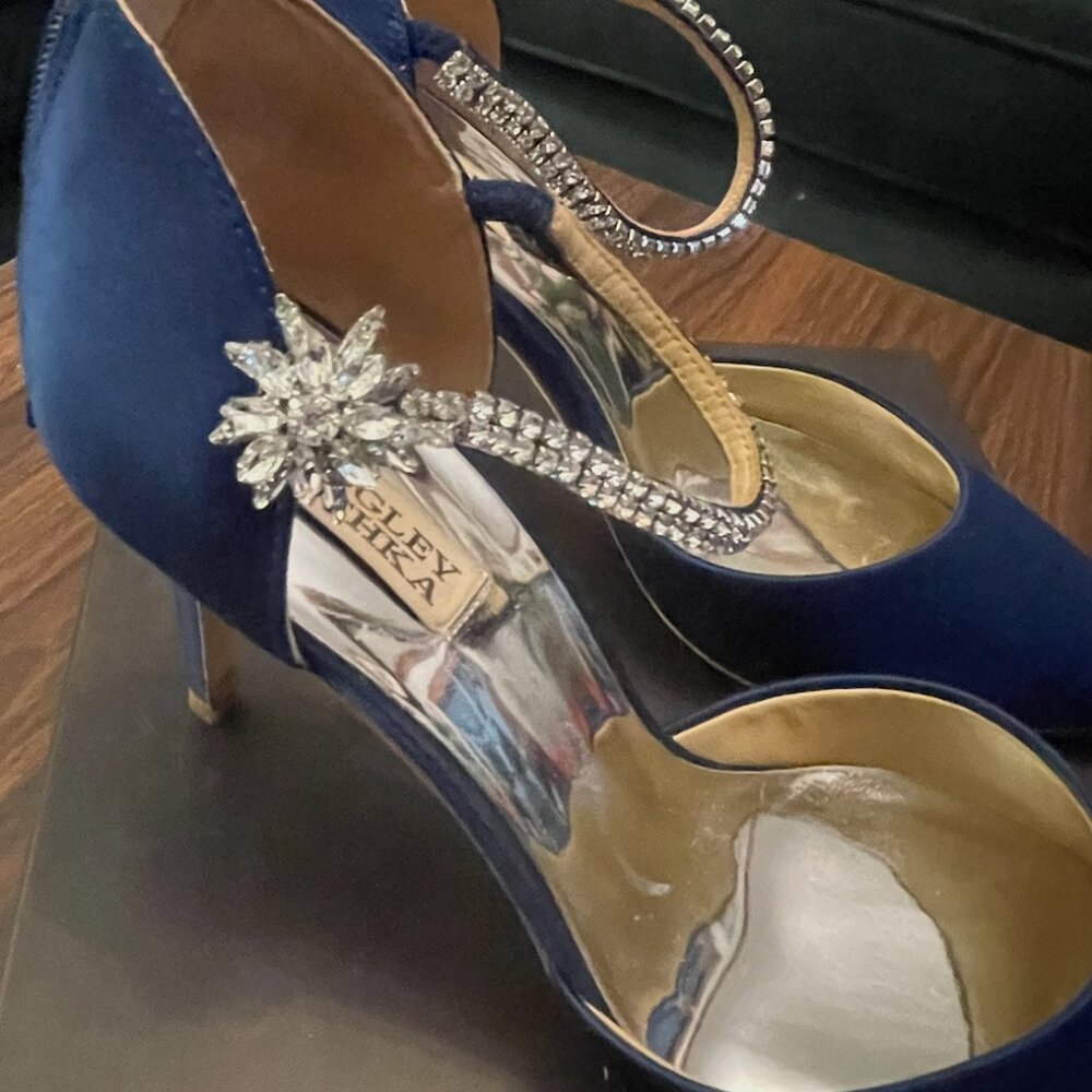 Badgley Mischka Valerie Rhinestone Strap Satin Pumps Navy High Heel Wedding - Picture 2 of 7